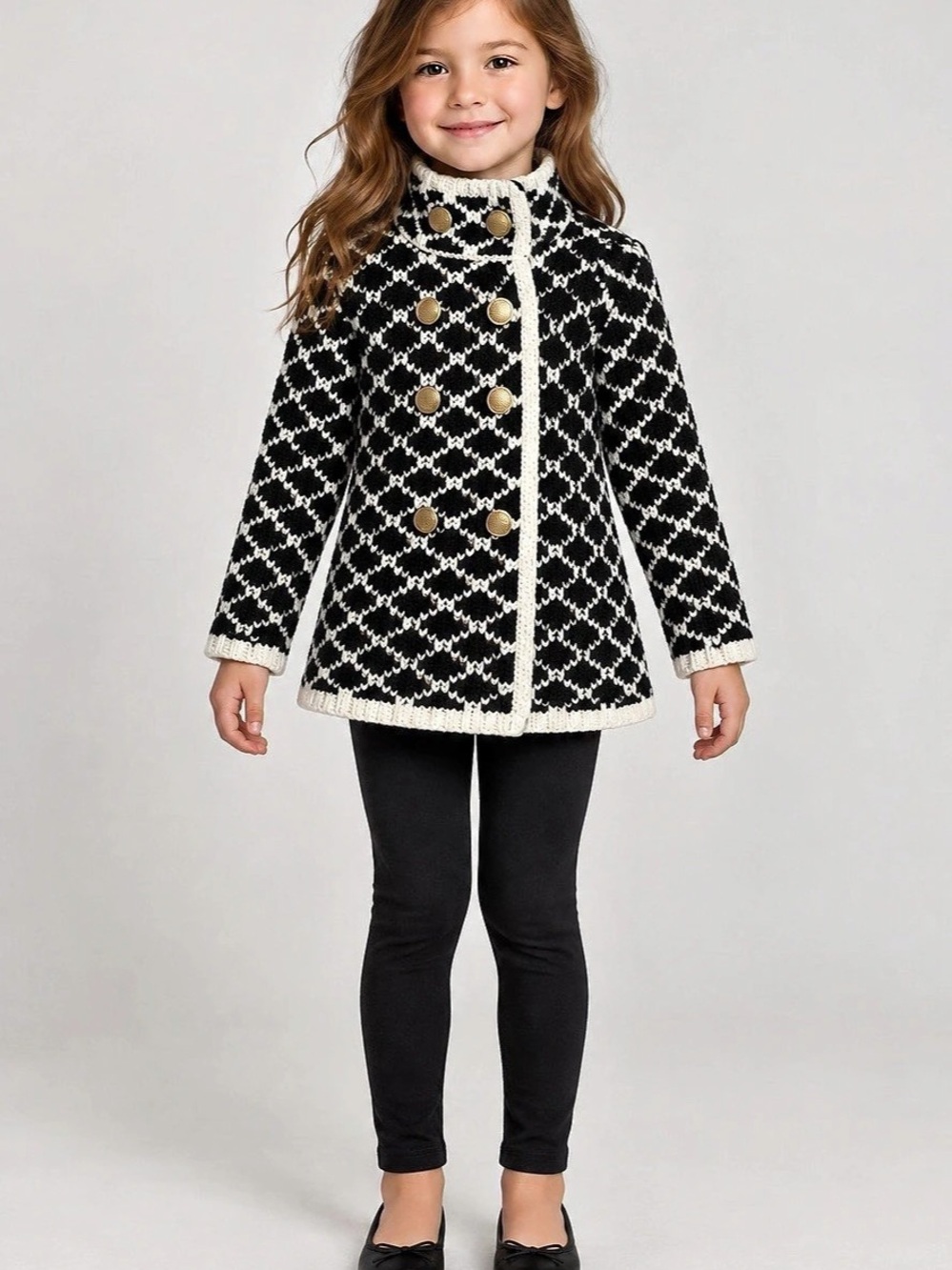 Tahari Girls Geometric Knit Coat Black & Cream Like New